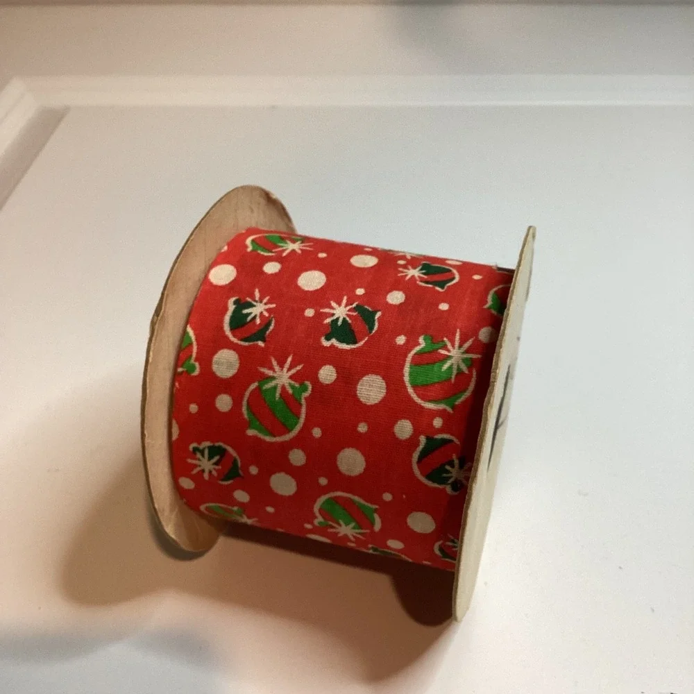 Vintage Christmas Balls Fabric Ribbon 2.5 Inch Spool Holiday Decor 22 yard Red